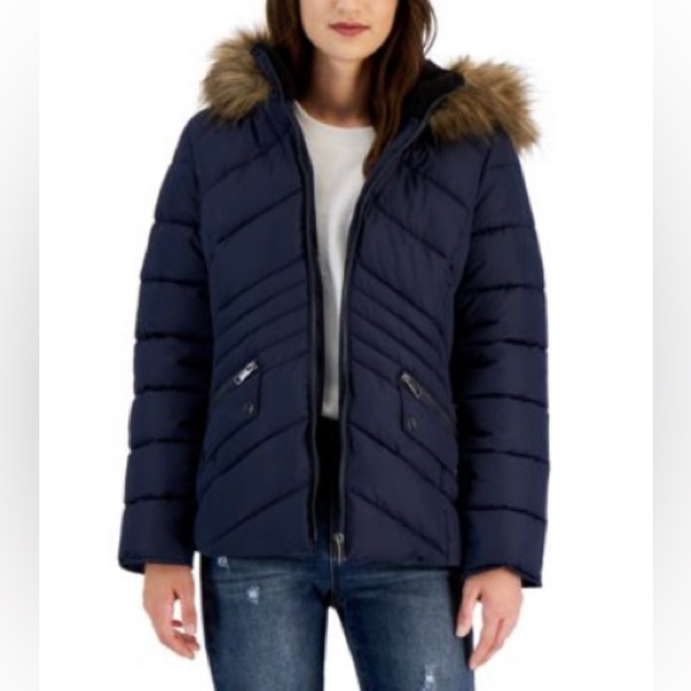 Junior’s Faux Fur Trim Hooded Puffer Coat